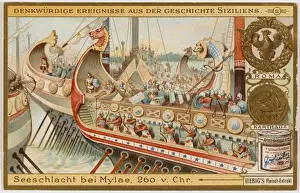 Prints of The Roman fleet under Caius Diulius defeats the Carthag- -inian fleet under Hannibal; the Romans use boarding bridges to access the enemy vessels and fight hand-hand Carthaginian Civilization Prints: Battle of Mylae Print: Roman Fleet Victory