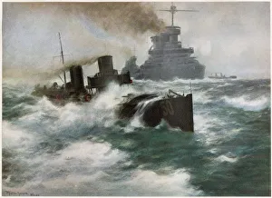 Battleship and destroyer in a heavy sea. Date: circa 1913 Battleship and destroyer in a heavy sea. Date: circa 1913