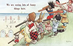 'The Beachcombers: A Print of Toy Characters Surveying the Coast.'