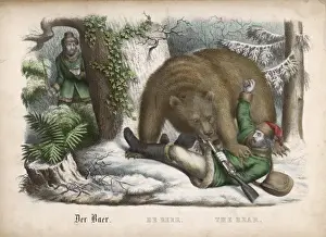 Bear Hunts the Hunter in Snowy Wood Print