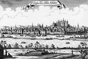 Prints of City on the Dnieper which has changed hands continually through history between Lithuania, Poland, Sweden and Russia, to say nothing of the Germans 1941 to 1944. Date: 18th century Map Prints: 18th Century Print of Mahilyow City on the Dnieper River