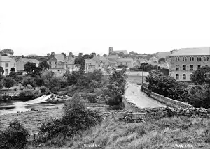 Prints of Belleek - a panoramic view of part of the village, with river on the left and potteries on the right. (Location: Northern Ireland: County Fermanagh: Belleek). Date: circa early 1900s Fermanagh Prints: Belleek Panoramic Print, Early 1900s