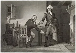 Prints of Benedict Arnold persuades Major Andre to conceal papers in his boot, causing him to be hanged as a spy when captured by the patriots Major John Andre Prints: Print of Benedict Arnold and Major Andre, 1779