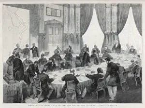 Prints of BERLIN CONFERENCE Bismarck presides over a diplomatic conference to discuss events in Africa Colonial History Prints: Berlin Conference Print: Bismarck Oversees African Diplomacy Discussion