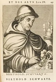 Berthold Schwarz Print, a woodcut of the German monk and alchemist