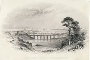 Prints of The bridges and harbour of Berwick-upon-Tweed, Northumberland, seen from the northwest, in Scotland : England is across the Tweed Scottish Borders Prints: Berwick-upon-Tweed Print: Northwest View of Harbour and Bridges