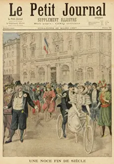 Prints of In Marseille, France, M. Pecolle weds Mlle Latourre on a bicycle built for two Marseille Prints: Bicycle Wedding Print, Marseille France