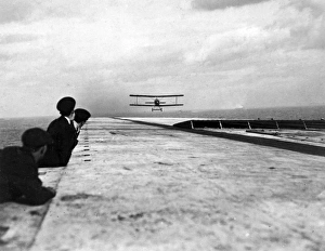 Biplane coming in to land on HMS Argus, WW1 Biplane coming in to land on HMS Argus, WW1
