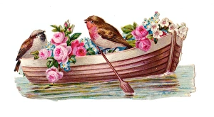 Birds and flowers in a boat on a Victorian scrap Birds and flowers in a boat on a Victorian scrap