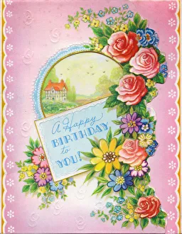 Birthday card with pink roses and rural scene Birthday card with pink roses and rural scene