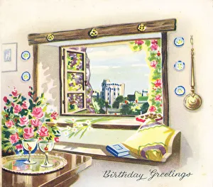 Birthday card with a view through a window Birthday card with a view through a window