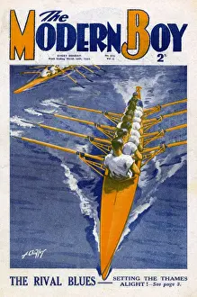 Prints of Oxford and Cambridge rowing teams pictured battling to win the Boat Race. Date: 1932 United Kingdom Prints: 1932 Oxford and Cambridge Boat Race Print