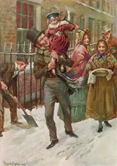 Victorian Prints: Print of Bob Cratchit and Tiny Tim walking towards a Christmas dinner
