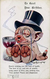 Early 20th Century Cartoons Prints: Bonzo in top hat drinking wine