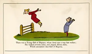 Prints of There was a Young Girl of Majorca, whose aunt was a very fast walker; She walked 70 miles, and leaped 15 stiles, Which astonished that Girl of Majorca Edward Lear Prints: Print of 'There was a Young Girl of Majorca' from the Book of Nonsense