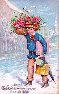 Boy delivering presents on a German New Year postcard Boy delivering presents on a German New Year postcard