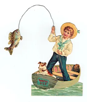 Boy and dog in a boat on a cutout greetings card Boy and dog in a boat on a cutout greetings card