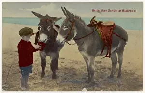 Blackpool Beach Scene Prints: Boy and Two Donkeys