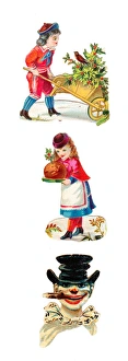 Boy, girl and clown on three Victorian Christmas scraps Boy, girl and clown on three Victorian Christmas scraps