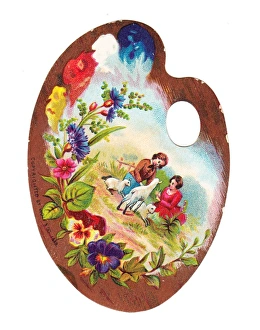 Boy and girl with lambs on a palette-shaped greetings card Boy and girl with lambs on a palette-shaped greetings card