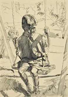 Historical Garden Scene Prints: Boy playing on a swing