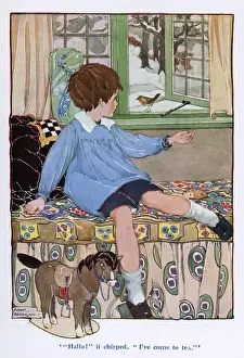 Vintage Tea Party Scene Prints: Boy and Robin 1920S
