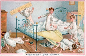 Six boys pillow fighting on a Christmas card Six boys pillow fighting on a Christmas card