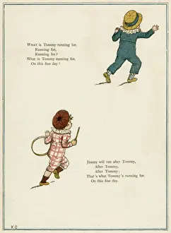 1879 Print: Two Boys Running with Hoop and Stick
