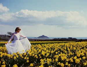Bride in daffodil field, St Michaels Mount, Cornwall Bride in daffodil field, St Michaels Mount, Cornwall