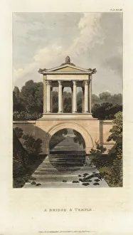 Bridge and classical temple over an ornamental river Bridge and classical temple over an ornamental river