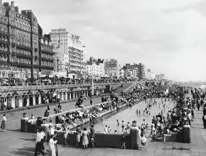Prints of The seafront and promenade, Brighton, Sussex, with the childrens paddling pool in the foreground Sussex Prints: Vintage Brighton Seafront Print 1950s
