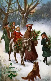 Holly And Mistletoe Prints: Bringing in the Holly Christmas Print circa 1908