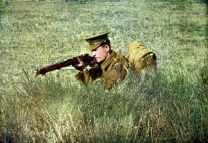 A British infantryman kneeling behind cover A British infantryman kneeling behind cover