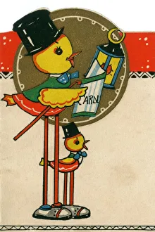 British Kitsch Art Deco Christmas Card, Carol Singing Chicks British Kitsch Art Deco Christmas Card, Carol Singing Chicks