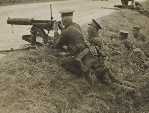 British, with machine guns, take up a position in a ditch in British, with machine guns, take up a position in a ditch in