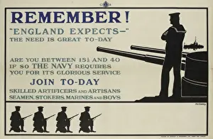 Prints of Remember! England Expects -- The need is great today.... the Navy requires you for its glorious service. Join today. Skilled artificers and artisans, seamen, stokers, marines and boys Poster Prints: WW1 British Royal Naval Recruitment Print, 1915