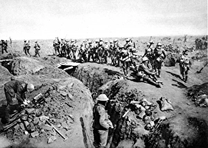 British soldiers crossing a trench-bridge British soldiers crossing a trench-bridge
