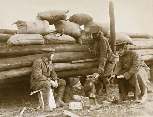 British soldiers resting behind a barricade on Continent British soldiers resting behind a barricade on Continent
