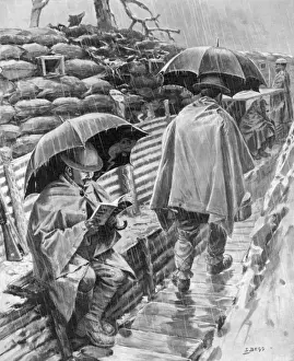 British Soldiers In Trenches Prints: British troops sheltering under umbrellas