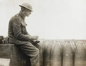 British Soldier WW1 Prints: Brtish corporal checking shell delivery, WW1