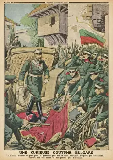 Prints of When his troops take Mustapha- Pacha from the Turks, Tsar Ferdinand tramples the enemy flags, and the name of the town is changed to - guess what ? - Ferdinandovo Bulgaria Prints: Bulgaria Print: Tsar Ferdinand Tramples Enemy Flags