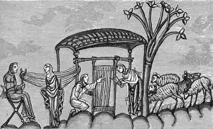 12th Century English Print: Weaving Scene with Sheep