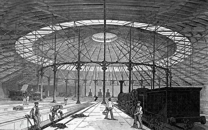 Prints of A notable example of railway architecture, the Round House - the engine house of the North-Western Railway at Camden-Town depot. Today it is a theatre. Date: 1847 Camden Prints: Mary Evans Prints Online: Camden Round House Print, 1847
