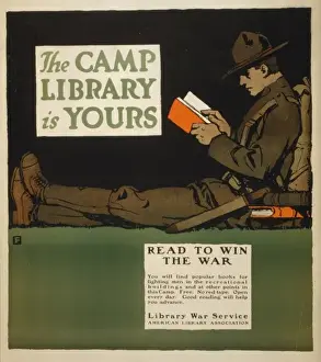 WWI Recruitment Posters Prints: The camp library is yours - Read to win the war