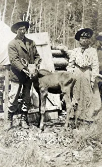 Canada - Montreal River - Indian couple with young moose. Date: circa 1908 Canada - Montreal River - Indian couple with young moose. Date: circa 1908