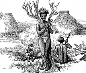 Central African Village Scene, 1888 Engraving Print