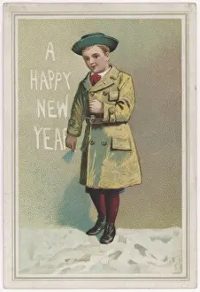 Print of a boy writing on a wall with New Year's greeting