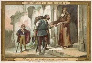 Print of Christopher Columbus seeking hospitality at La Rabida Convent