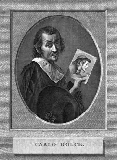 Prints of CARLO DOLCI (or Dolce). Italian artist from Florence, who did religious subjects, landscapes, and portraits like the one hes holding. Date: 1616 - 1686 Carlo Dolci Prints: Carlo Dolci Italian Portrait Print, 17th Century