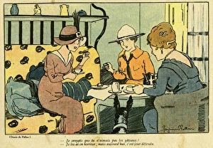 Cartoon, French women having tea and cake, WW1 Cartoon, French women having tea and cake, WW1
